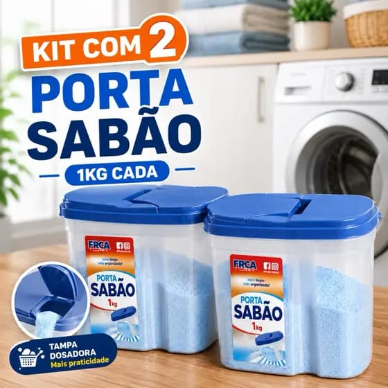 Kit 2 Porta Sabão 1kg Tampa Dosadora Vedação Segura Lavanderia
