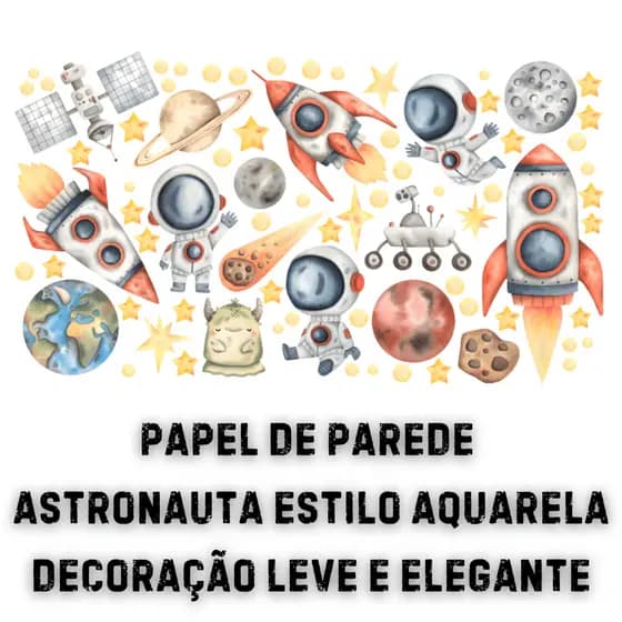 Papel de Parede Infantil Astronauta Aquarela - Decoração Quarto de Menino Bebê Adesivo Vinílico