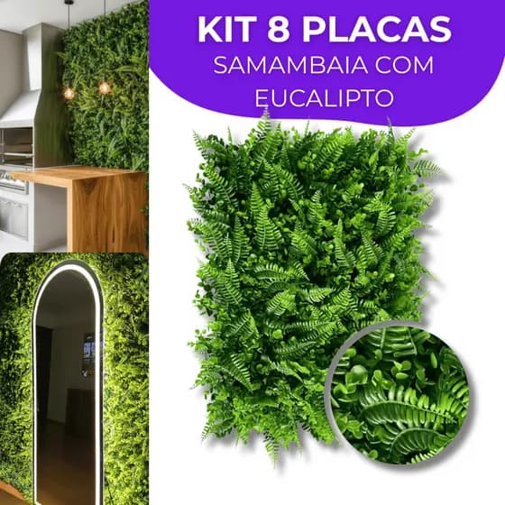 Kit 8 Placa Mista Samambaia/Eucalipto 60x40cm Muro Ingles Premium