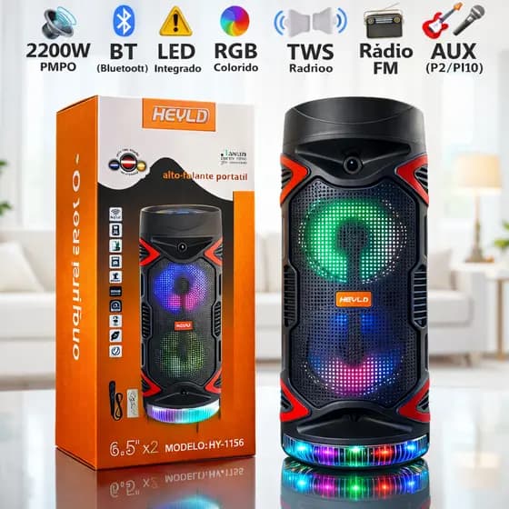 Caixa de Som Portátil 1800W Karaokê Rádio FM Potente Bluetooth 2 Falantes 6.5" LED RGB