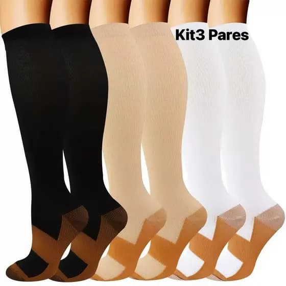 Kit3 Pares Meias de Compressão para Enfermeiras, Grávidas e Atletas Aliviam Edema e Varizes