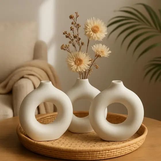 Kit Vaso Decorativo 3 Peças Branco e Marfim Moderno Sala Mesa Trio Ppp