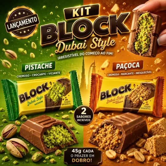 Kit 1 Pistache 45g e 1 Paçoca Cremosa 45g Block Dubai Style Arcor