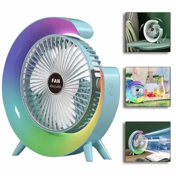 Ventilador Portátil com Luz LED Arco-Íris, Recarregável via USB