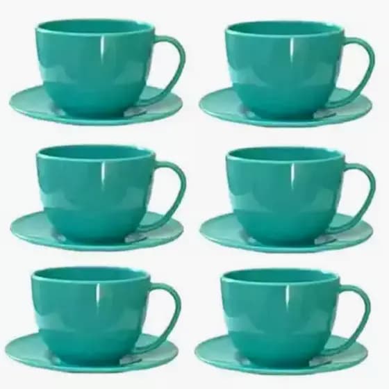 KIT 6 XÍCARAS DE CHÁ ACRÍLICO 200 ML + 6 PIRES EM ACRÍLICO COZINHA CAFÉ BISCOITO CHOCOLATE CAPUCCINO