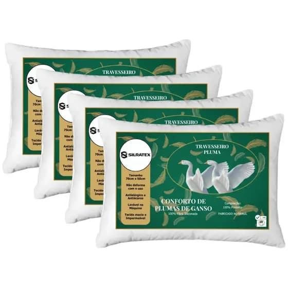 Kit 4 Travesseiro Pluma de Ganso Confortavel e Macio Antiacaro 70x50cm