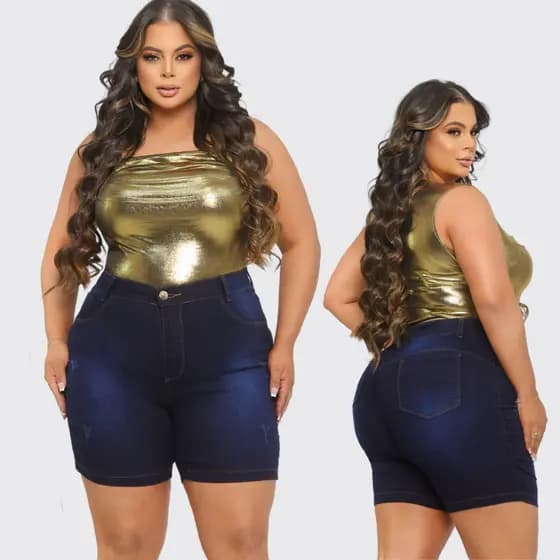 Bermuda Jeans Feminina Plus Size Meia Coxa Cintura Alta Com Elastano 48 ao 56