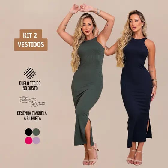 Kit 2 Vestidos Femininos Midi Regata Canelado Premium com Fenda Lateral e Modelagem Slim