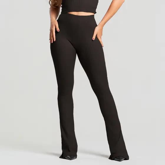 Calça Flare Feminina Canelada Cintura Alta com Cós Elástico