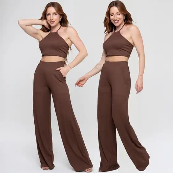 Conjunto Feminino Canelado Calça Pantalona e Top Cropped Frente Única