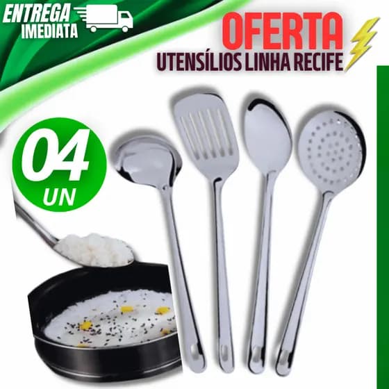 KIT 04 utensílios Cozinha Concha Espátula Vazada Colher Arroz Escumadeira Linha Resistente Premium
