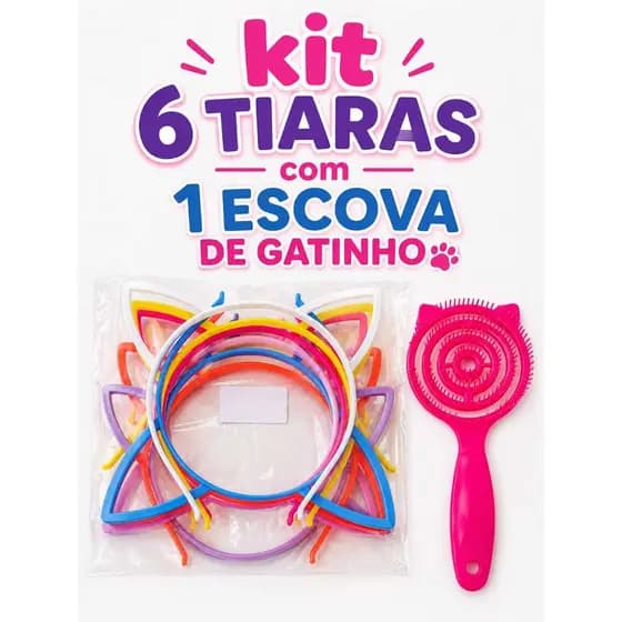 Kit Atacado 6 Tiaras Orelha De Gatinho E 1 Escova De Cabelo Gato Infantil Cores Sortidas Festa