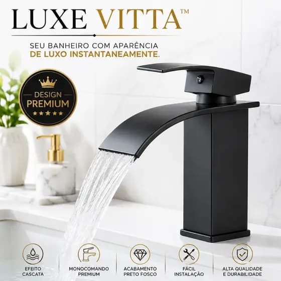 Torneira Monocomando Lavatório Preta Fosca Bico Cascata Design Moderno - BM-F1385