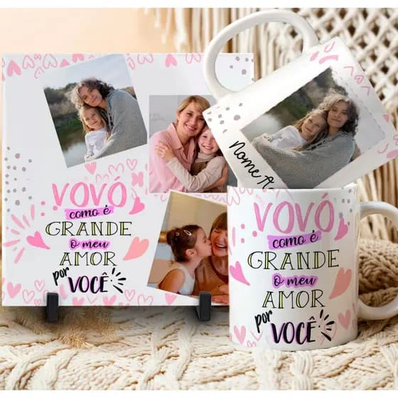 Kit Quadro decorativo Azulejo e Caneca de Porcelana Personalizados com foto Dia dos Avós Vovó Vovô