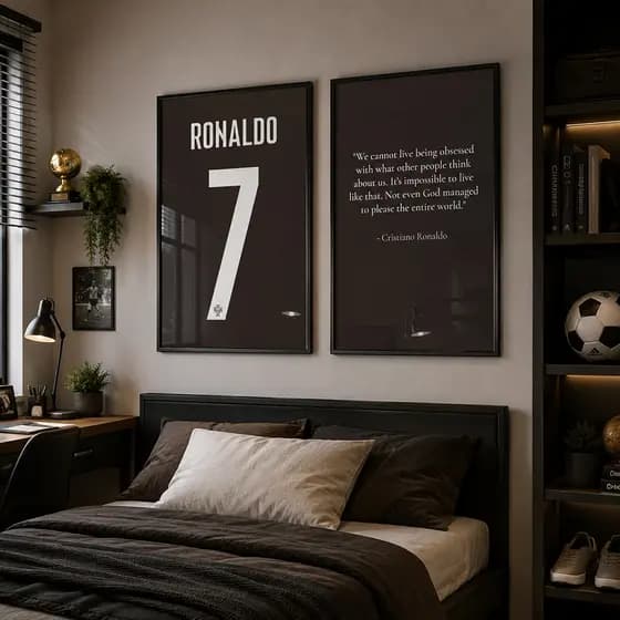 Quadro Decorativo 2 Telas Poster Futebol Cristiano Ronaldo Camisa 7 Frase Motivacional 50x75cm e 60x90cm