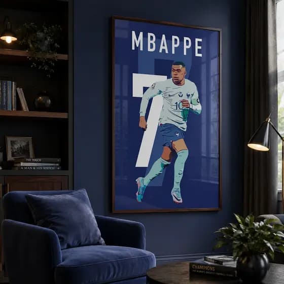 Quadro Decorativo Poster Futebol Jogador Mbappe Camisa 7 Real Madrid Com ou Sem Vidro 120x80cm