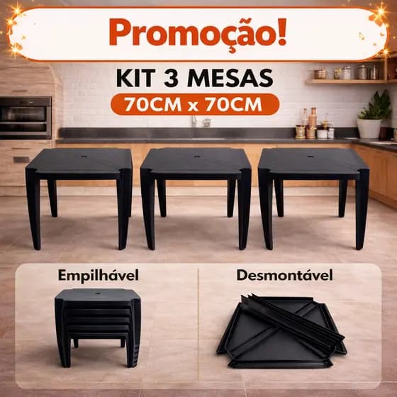 Kit 3 Mesas 70x70cm Pretas Multiuso Reforçadas Empilháveis e Desmontáveis