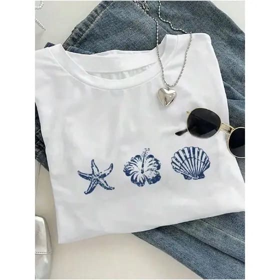 T- shirt Feminina Praiana Conchas Estilosas - 100% Algodão
