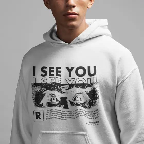 Moletom com capuz estampado gráfico ``I See You´´ e cordão, blusa de moletom casual Unisex no inverno e outono