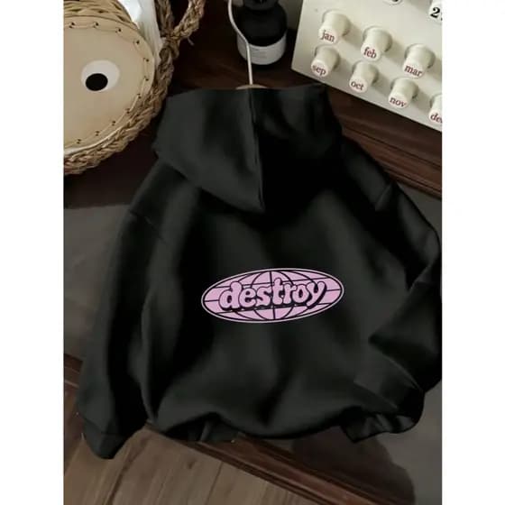 Moletom Unisex casual com capuz e estampa 'Destruction' - Suéter de manga comprida com cordão no pescoço, confortável pa