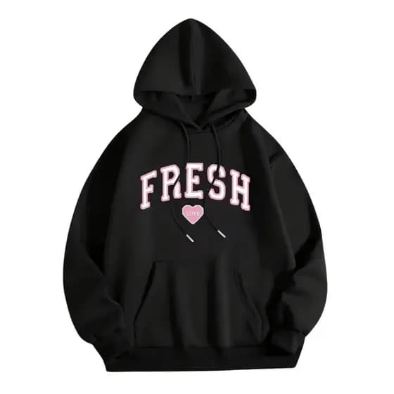 Moletom casual com capuz Unisex - Estampa "FRESH", manga comprida, corte largo, azul com letras rosa e design de coração