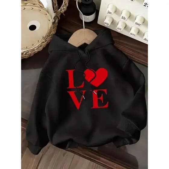 Moletom com Capuz Estampado `L❤️ve You´, Moletom Casual com Capuz e Cordão para Inverno e Outono, Roupa Unisex