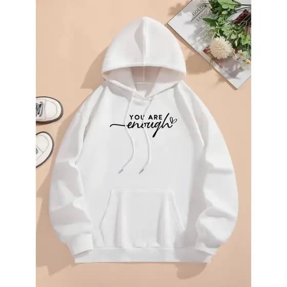 Moletom Unisex com Estampa de Letras "Você é Suficiente" - Moletom Casual Aconchegante para Outono e Inverno com Cordão