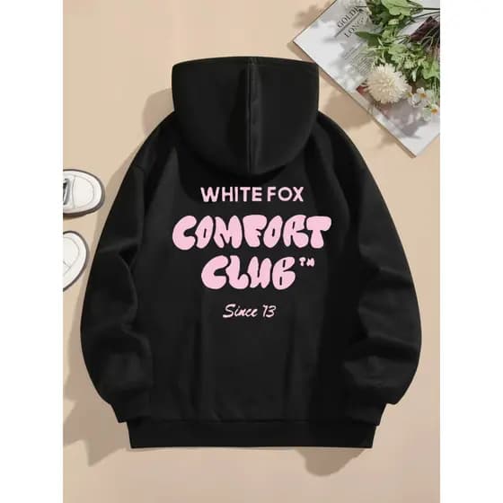 Moletom com capuz estampado gráfico ``White Fox Confort Club´´ e cordão, blusa de moletom casual Unisex no inverno e out
