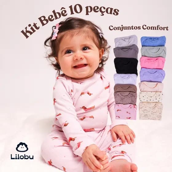 Conjunto/Kit Lilobu 10 Peças Body Bebê Manga Longa Calça Canelado Ribana 24003-K5-C1