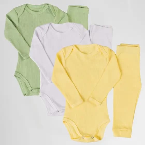 Kit Bebê 6 peças Body Manga Longa e Calça Conjuntos Canelados 100% Algodão 24002-K3