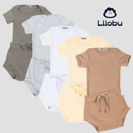 Kit 5 conjuntos Lilobu body bebe curta e short tapa fralda canelado macio e confortável 24005-K5