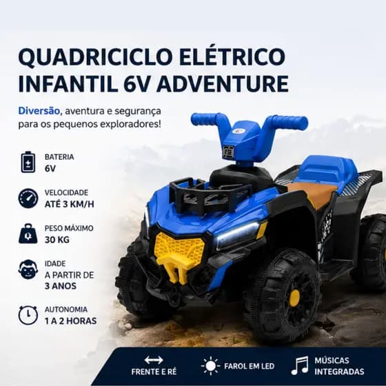 Quadriciclo Elétrico Infantil 6V Com Luz LED Música 4 Rodas Moto Infantil Azul Rosa Até 30kg