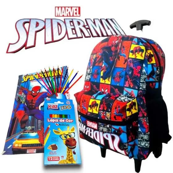 Mochila escolar de Rodinhas Homem Aranha toalha lápis de cor