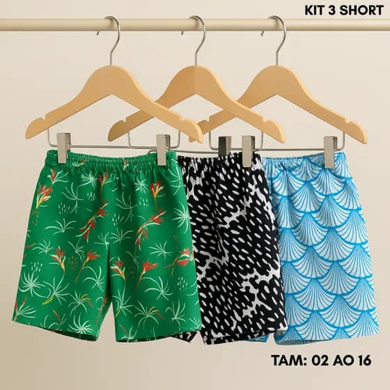Kit 3 Short Tactel Estampado Bermuda Infantil Masculino Juvenil Menino Praia Verão