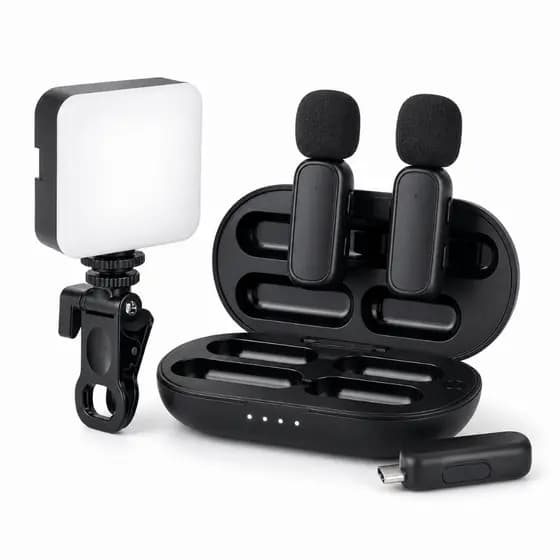 Kit Luz Led + Microfone de Lapela Tipo C H’maston Sem Fio Para Vídeos e Lives