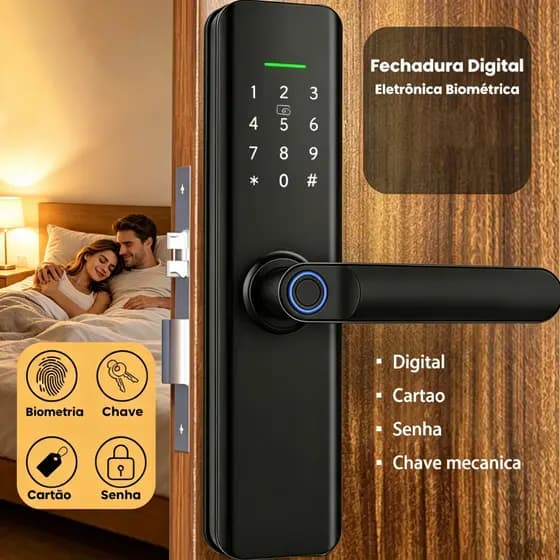 Fechadura Eletrônica Digital 4 em 1 com Biometria, Senha por Toque, Chave e Tag