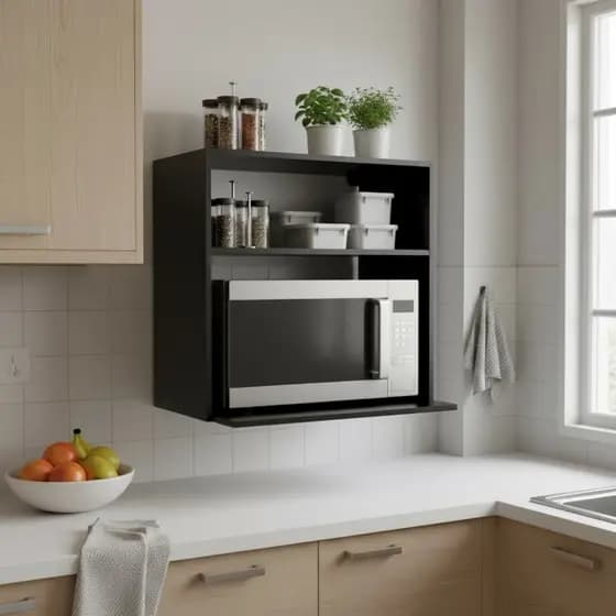 Suporte Duplo Parede Microondas 60cm Preto MDP Aéreo Cozinha Nicho Prateleira Organizador Fixo