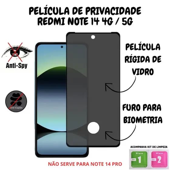 Película de Privacidade Vidro 3D Para Redmi Note 14 4G / 5G - Com Furo Para Biometria