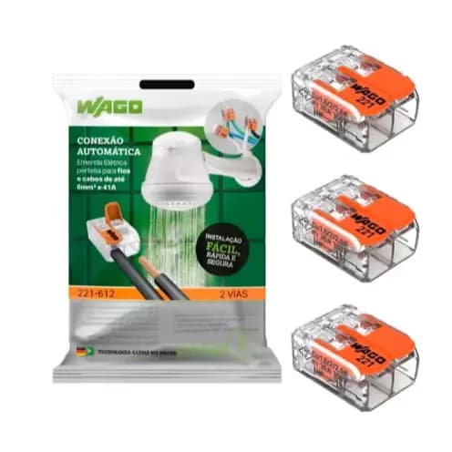 Kit 3 Peças Conector Wago Original 221-612 Emenda Chuveiro 2 polos 6mm 41A Conexão Automática