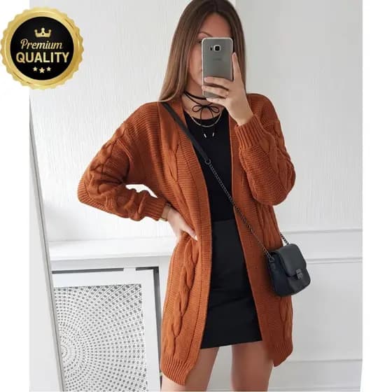 Cardigan Feminino de Tricô Manga Longa TRANÇA Sobretudo Inverno Kimono Grosso Casaco Longo Marrom