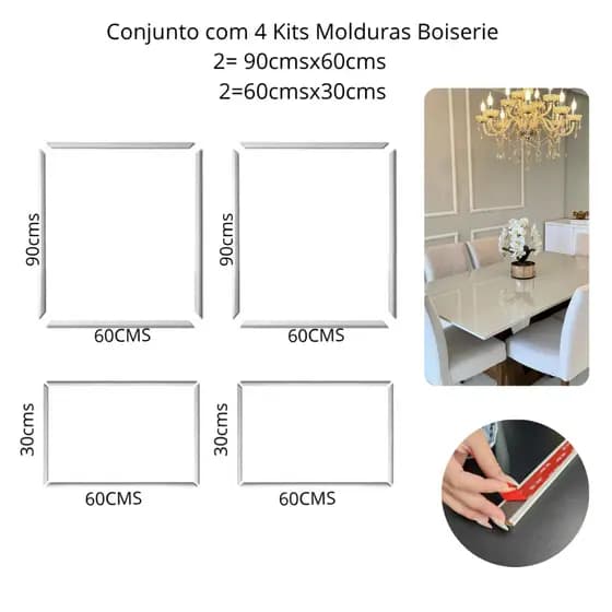 Kit 4 Molduras Boiserie em MDF-Autocolante 90x60(2)+60x30(2)