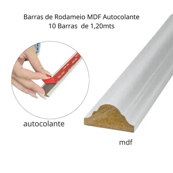 10 Barras Rodameio Boiserie MDF Branco Autocolante -1,20mts