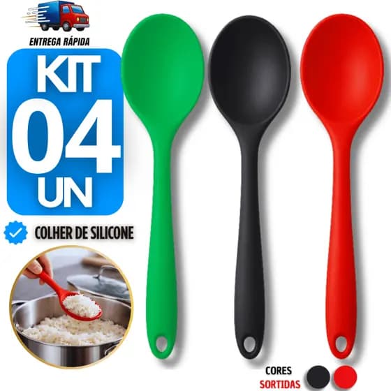 Combo Colheres De Silicone Cozinha Gourmet Alta Resistência Arroz Molhos Carne Utensilio Colher