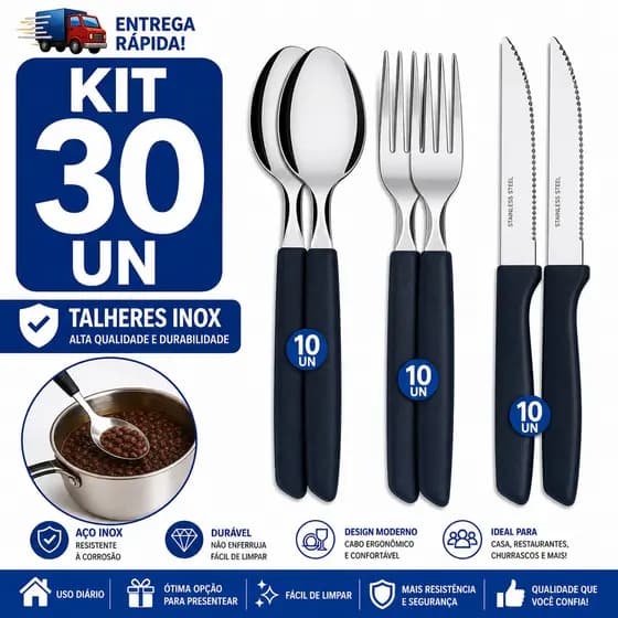 Talheres Inox Cabo Preto Combo 30 Jogo Completo Garfo Faca Colher Cozinha Mesa