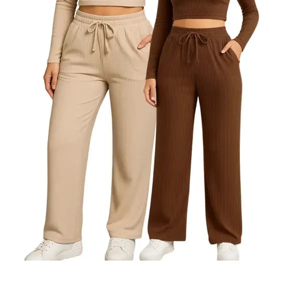 Kit 2 Calça Preta Pantalona Feminina Lisa Com Bolso Cintura Alta Tecido Canelado Confortável