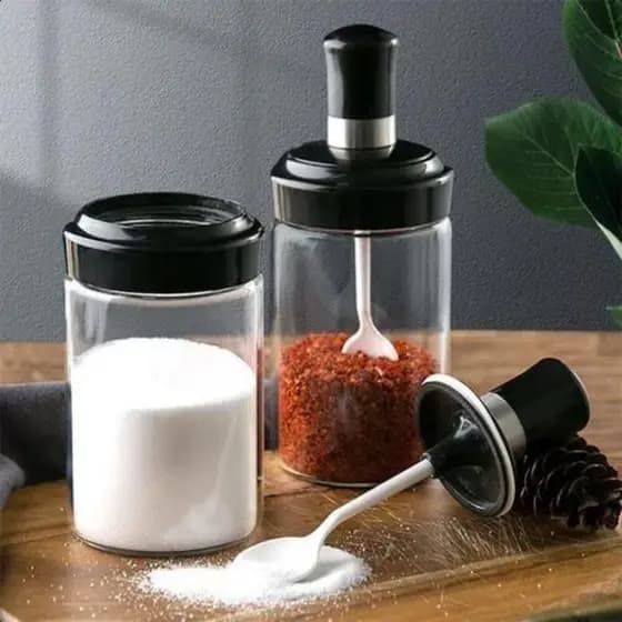 3 Peças Porta Temperos em Vidro com Colher Sal, Açúcar, Condimentos, Pimenta, Tomilho, Orégano