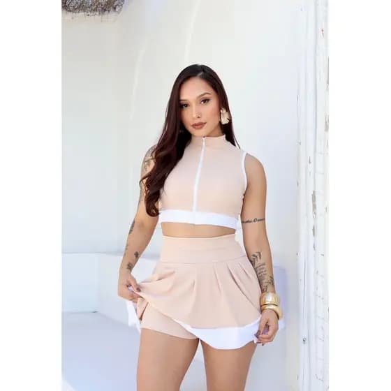 Conjunto Feminino Top com Zíper e Short Saia Moda Gringa Blogueira