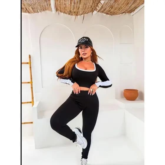 Conjunto Feminino Cintura Alta Com Cropped Manga Longa Moda Casual