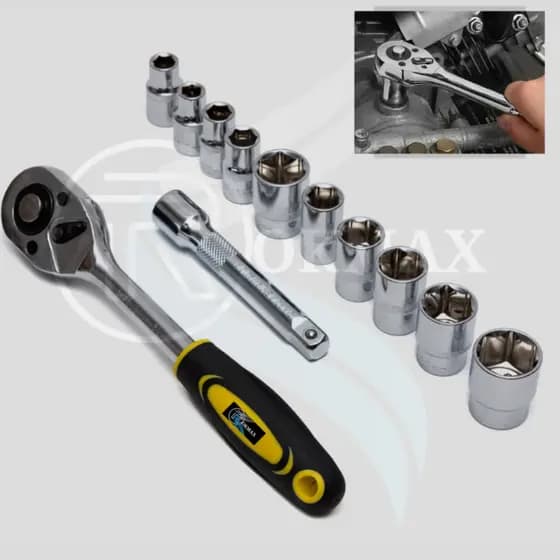 Jogo De Soquetes Sextavado Com Catraca Reversível 1/2 de 10 A 22 Mm - Kit Com 12 Peças Profissional