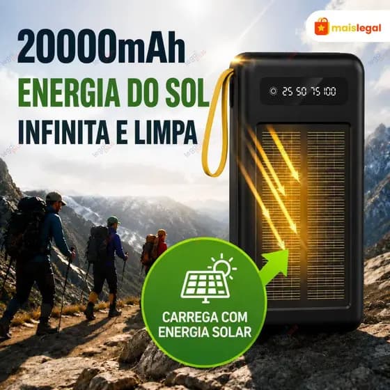 Carregador Portátil Solar 20.000 mAh - Cabos 5 em 1 e Lanterna LED